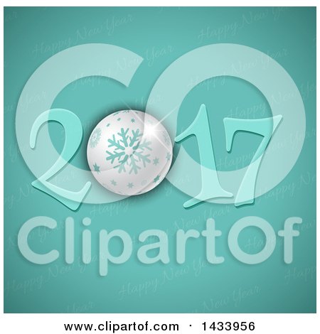 Clipart of a Happy New Year 2017 Greeting with a Bauble over Turquoise - Royalty Free Vector Illustration by KJ Pargeter
