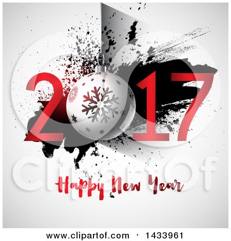 Clipart of a Happy New Year 2017 Greeting with a Bauble over Grunge - Royalty Free Vector Illustration by KJ Pargeter