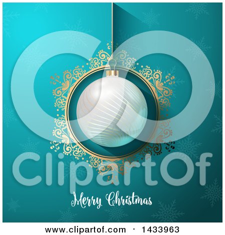 Clipart of a Merry Christmas Greeting Under a Suspended 3d Bauble in a Gold Frame, over Snowflakes - Royalty Free Vector Illustration by KJ Pargeter