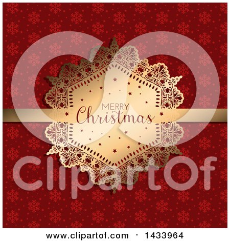 Clipart of a Merry Christmas Greeting on a Gold Label Ribbon over Red Snowflakes - Royalty Free Vector Illustration by KJ Pargeter