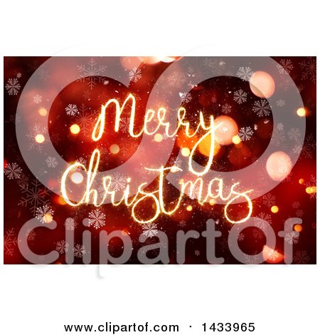 Clipart of a Merry Christmas Greeting in Sparkle Lights over Snowflakes and Red Flares - Royalty Free Illustration by KJ Pargeter