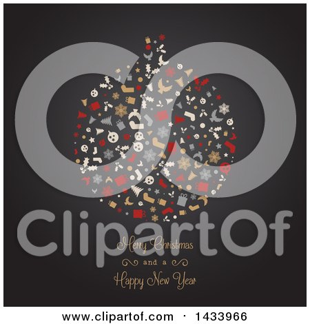 Clipart of a Merry Christmas and a Happy New Year Greeting Under a Bauble Made of Icons, on Gray - Royalty Free Vector Illustration by KJ Pargeter