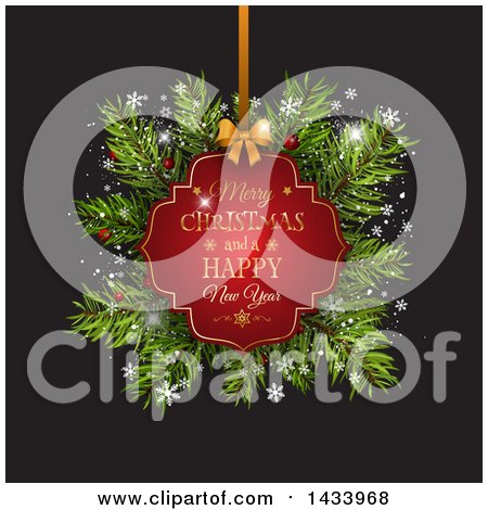 Clipart of a Merry Christmas and a Happy New Year Greeting Tag with Fir Branches on Black - Royalty Free Vector Illustration by KJ Pargeter