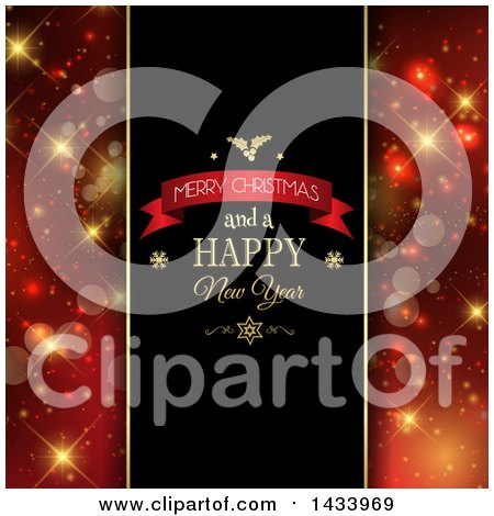 Clipart of a Merry Christmas and a Happy New Year Greeting with Red and Gold Bokeh Flare Panels - Royalty Free Vector Illustration by KJ Pargeter