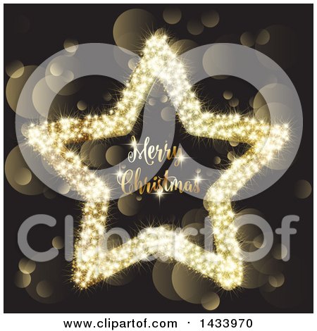 Clipart of a Merry Christmas Greeting in a Star over Gold Bokeh Flares - Royalty Free Vector Illustration by KJ Pargeter