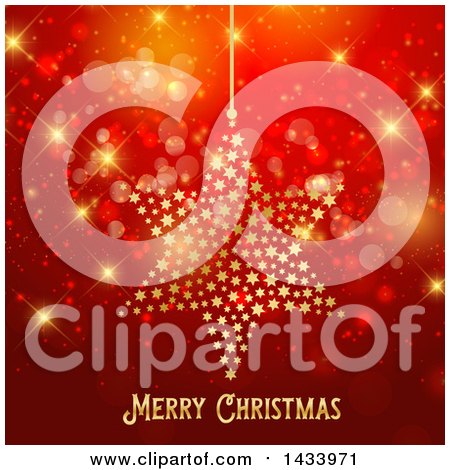 Clipart of a Merry Christmas Greeting Under a Suspended Star over Red and Gold Bokeh Flares - Royalty Free Vector Illustration by KJ Pargeter