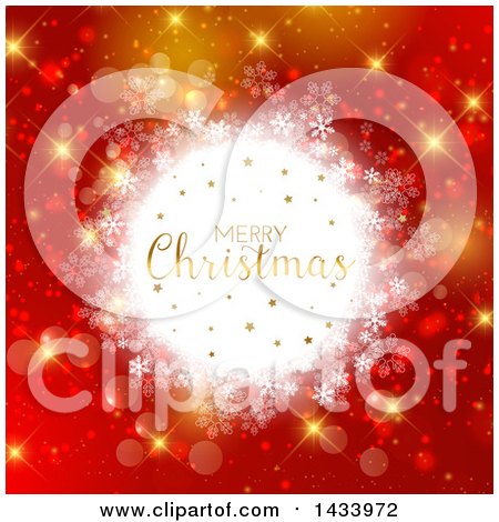 Clipart of a Merry Christmas Greeting in a White Snowflake Frame over Red and Gold Bokeh - Royalty Free Vector Illustration by KJ Pargeter