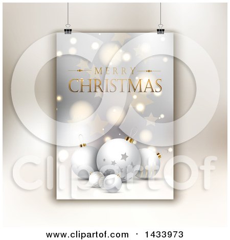 Clipart of a Merry Christmas Greeting Sign with Baubles, Flares and Stars, Hanging over a Wall - Royalty Free Vector Illustration by KJ Pargeter