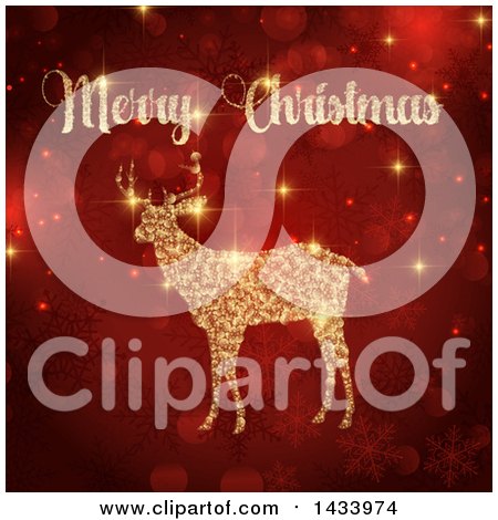 Clipart of a Merry Christmas Greeting over a Golden Flare Reindeer over Red Bokeh and Snowflakes - Royalty Free Vector Illustration by KJ Pargeter