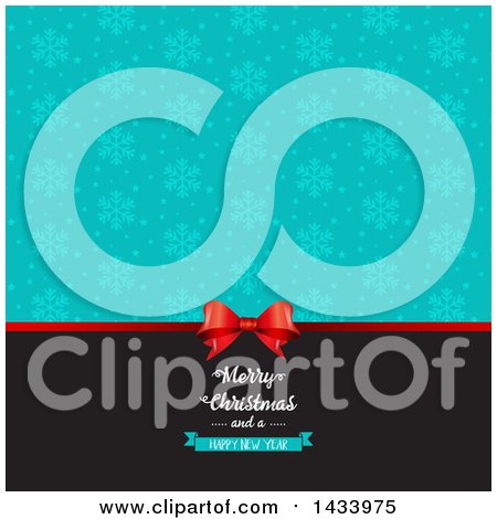 Clipart of a Merry Christmas and a Happy New Year Greeting with a Gift Bow and Turquoise Snowflakes - Royalty Free Vector Illustration by KJ Pargeter