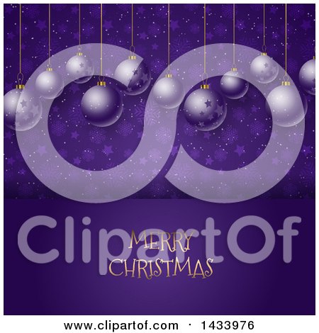 Clipart of a Merry Christmas Greeting Under Suspended 3d Baubles, on Purple Stars and Snowflakes - Royalty Free Vector Illustration by KJ Pargeter