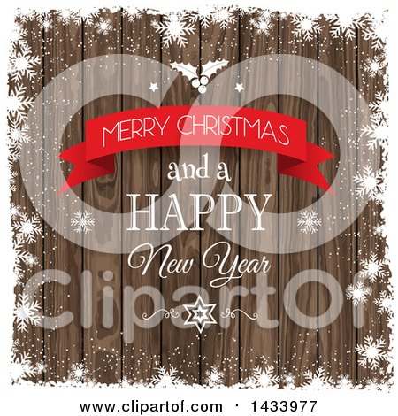 Clipart of a Merry Christmas and a Happy New Year Greeting with Holly, Stars, and Snowflake Grunge over Wood - Royalty Free Vector Illustration by KJ Pargeter