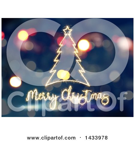 Clipart of a Merry Christmas Greeting and Tree in Sparklers over Bokeh Flares - Royalty Free Illustration by KJ Pargeter