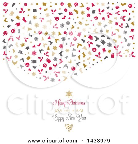 Clipart of a Merry Christmas and a Happy New Year Greeting Under a Wave of Icons, on White - Royalty Free Vector Illustration by KJ Pargeter