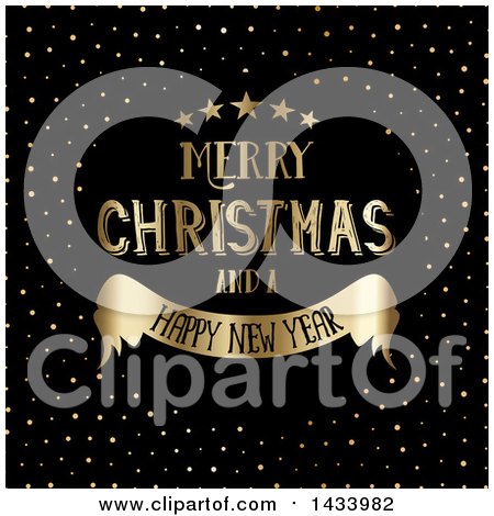Clipart of a Gold Merry Christmas and a Happy New Year Greeting with Stars over Black with Golden Dots - Royalty Free Vector Illustration by KJ Pargeter