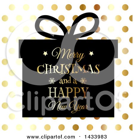Clipart of a Merry Christmas and a Happy New Year Greeting on a Silhouetted Gift over Gold Dots - Royalty Free Vector Illustration by KJ Pargeter