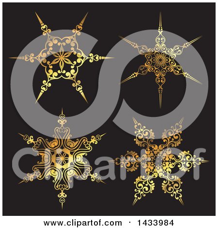 Clipart of Beautiful Gradient Golden Snowflakes on Black - Royalty Free Vector Illustration by KJ Pargeter