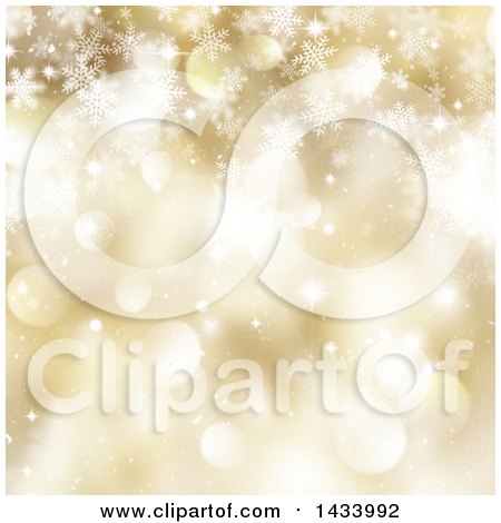 Clipart of a Golden Christmas Bokeh Flare and Snowflake Background - Royalty Free Illustration by KJ Pargeter