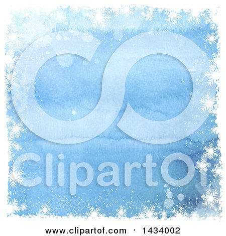 Clipart of a Blue Watercolor Background with Splatters and a Border of White Snowflakes - Royalty Free Vector Illustration by KJ Pargeter