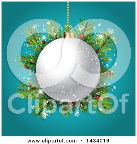 Clipart of a 3d White Christmas Bauble over Fir Branches with Snowflakes on Turquoise - Royalty Free Vector Illustration by KJ Pargeter