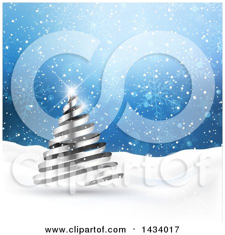 Clipart of a 3d Silver Ribbon Spiral Christmas Tree in a Winter Landscape and Blue Snowflake Sky - Royalty Free Vector Illustration by KJ Pargeter