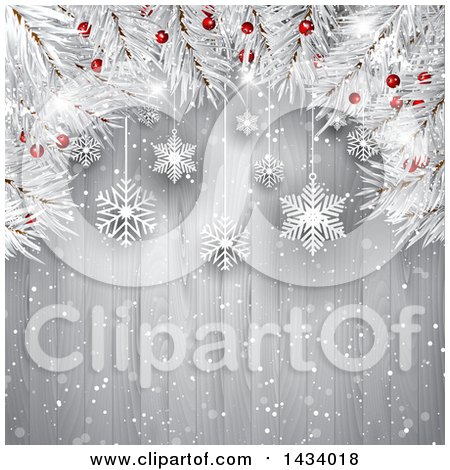 Clipart of a Christmas Tree Branch Background with Suspended Snowflakes over Wood - Royalty Free Vector Illustration by KJ Pargeter