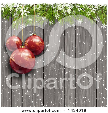 Clipart of a Christmas Background of 3d Hanging Red Ornament Baubles over Wood with Snow, Snowflakes and Branches - Royalty Free Vector Illustration by KJ Pargeter