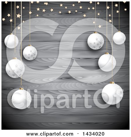 Clipart of a Christmas Background of 3d Hanging Ornament Baubles over Gray Wood with Stars - Royalty Free Vector Illustration by KJ Pargeter