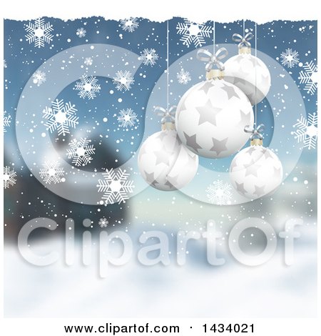 Clipart of a Christmas Background of 3d Hanging Ornament Baubles over Snowflakes and a Blurred Winter Landscape - Royalty Free Vector Illustration by KJ Pargeter