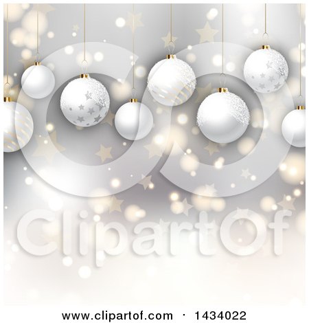 Clipart of a Christmas Background of 3d Hanging Ornament Baubles over Stars and Bokeh Flares - Royalty Free Vector Illustration by KJ Pargeter