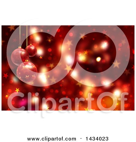 Clipart of a Christmas Background of 3d Suspended Bauble Ornaments over Red Bokeh and Stars - Royalty Free Illustration by KJ Pargeter