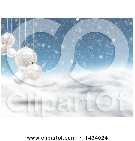 Clipart of a 3d Hilly Winter Landscape with Snow Falling and Suspended White Bauble Christmas Ornaments - Royalty Free Illustration by KJ Pargeter