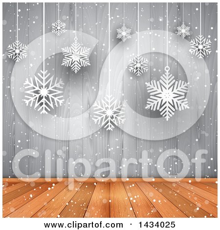 Clipart of a Wood Floor and Wall with Suspended Snowflakes - Royalty Free Vector Illustration by KJ Pargeter