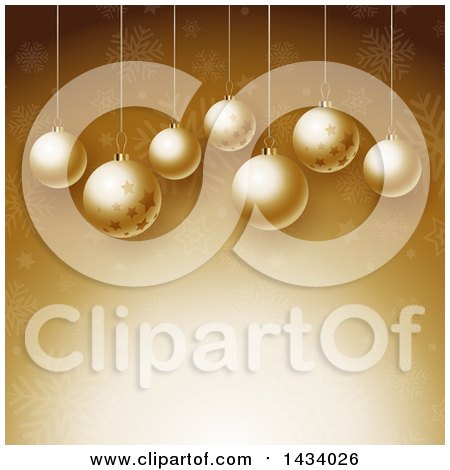 Clipart of a Christmas Background of 3d Hanging Ornament Baubles over Gold Stars and Snowflakes - Royalty Free Vector Illustration by KJ Pargeter