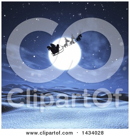 Clipart of a Silhouetted Santa Flying His Magic Sleigh over a Full Moon and 3d Snowy Landscape - Royalty Free Illustration by KJ Pargeter