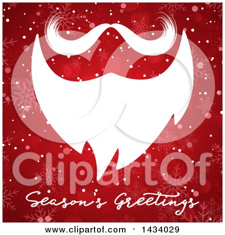 Clipart of a White Santa Beard and Mustache over Seasons Greetings Text on Red with Snowflakes - Royalty Free Vector Illustration by KJ Pargeter