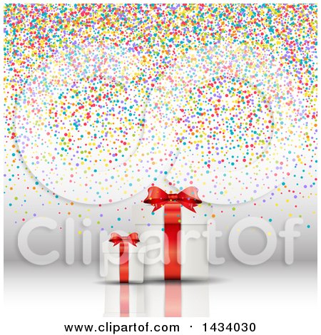 Clipart of 3d Christmas Present Gift Boxes with Colorful Confetti on Gray - Royalty Free Vector Illustration by KJ Pargeter