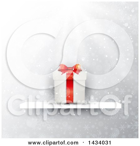 Clipart of a 3d Christmas Present Gift Box on a Shelf over Gray Snowflakes and Flares - Royalty Free Vector Illustration by KJ Pargeter