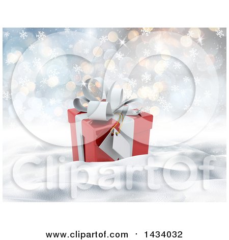 Clipart of a 3d Christmas Gift in Snow, with Snowflakes and Flares - Royalty Free Illustration by KJ Pargeter