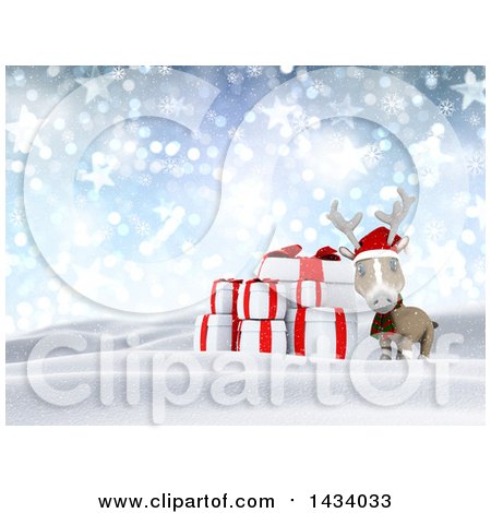 Clipart of a 3d Christmas Reindeer and Presents in a Snowy Landscape, with Flares, Snowflakes and Stars - Royalty Free Illustration by KJ Pargeter