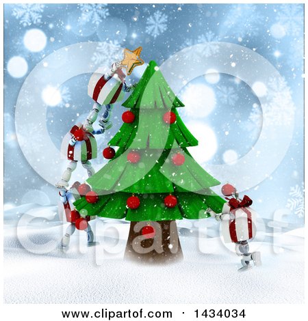 Clipart of a 3d Present Characters Decorating a Christmas Tree in the Snow - Royalty Free Illustration by KJ Pargeter
