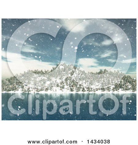 Clipart of a 3d Winter Landscape with Snow Falling over a Lake and Mountains - Royalty Free Illustration by KJ Pargeter