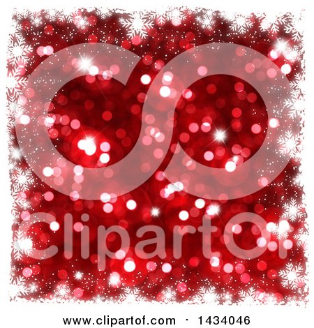 Clipart of a Blurred Red Bokeh Flare or Glitter Background with a Border of White Snowflakes - Royalty Free Illustration by KJ Pargeter