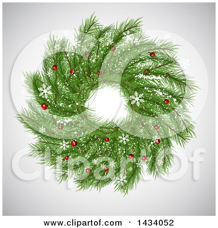 Clipart of a Christmas Wreath of Fir Branches, Snowflakes and Berries on Gray - Royalty Free Vector Illustration by KJ Pargeter