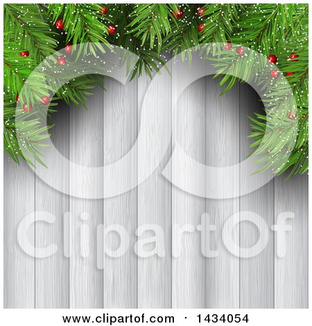 Clipart of a Wooden Background with Christmas Fir Tree Branches and Berries - Royalty Free Vector Illustration by KJ Pargeter