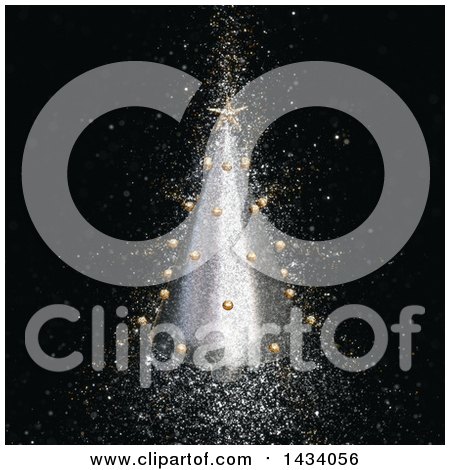 Clipart of a 3d Conical Silver Christmas Tree with a Gold Star and Baubles, with Glitter on Black - Royalty Free Illustration by KJ Pargeter