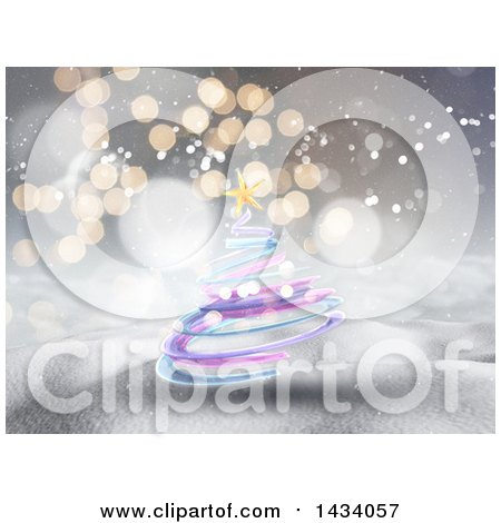 Clipart of a 3d Pink, Blue and Purple Spiral Christmas Tree over Bokeh Flares in a Winter Landscape - Royalty Free Illustration by KJ Pargeter