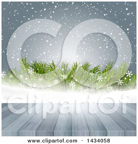 Clipart of a Wooden Deck or Table over Snow, Snowflakes and Branches - Royalty Free Vector Illustration by KJ Pargeter