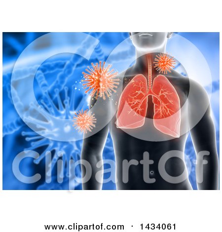 Clipart of a 3d Man with Visible Lungs and Virus Cells over a Blue Dna Strand Background - Royalty Free Illustration by KJ Pargeter