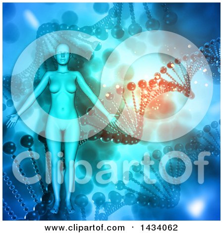 Clipart of a 3d Female Figure over a Background of Dna Strands - Royalty Free Illustration by KJ Pargeter